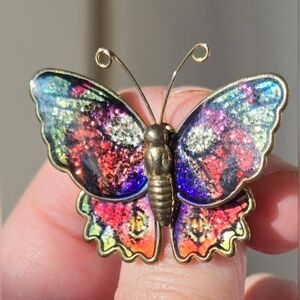 Vintage Multicolor Enamel on Metal Glitter Butterfly Brooch